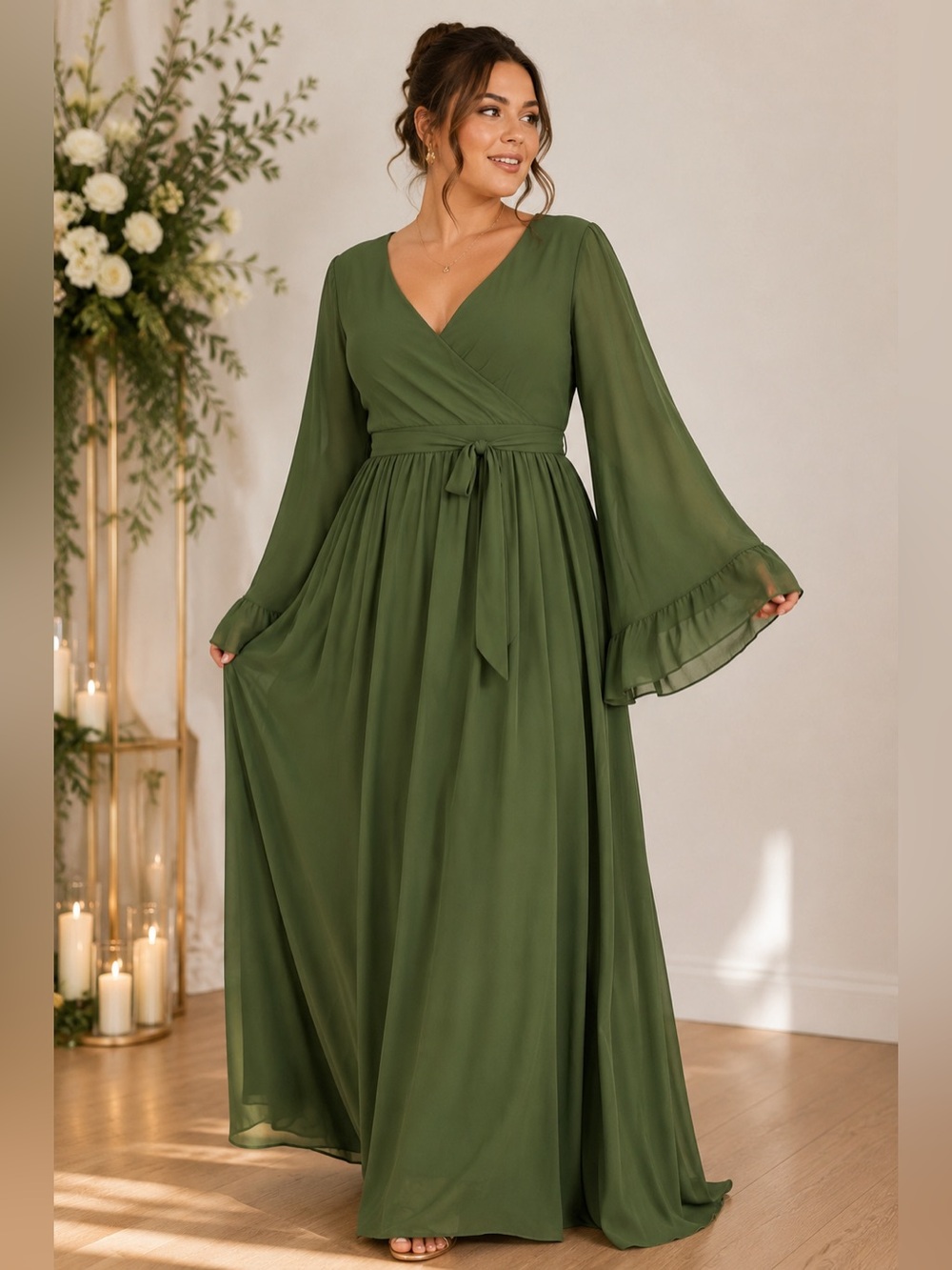 Azazie Tiphanie Olive Green Chiffon Maxi Dress A22 Bridesmaid Formal